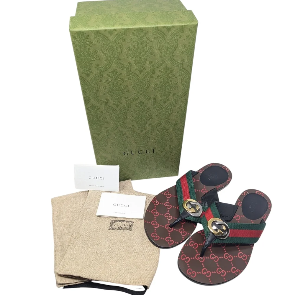 Gucci Kika Interlocking GG Red Green Thong Flip Flop Sandal Size EU 38 - Picture 2 of 16